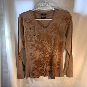 Harley-Davidson Women's Size Large Brown Long Sleeve V-neck T-shirt Buffalo NY